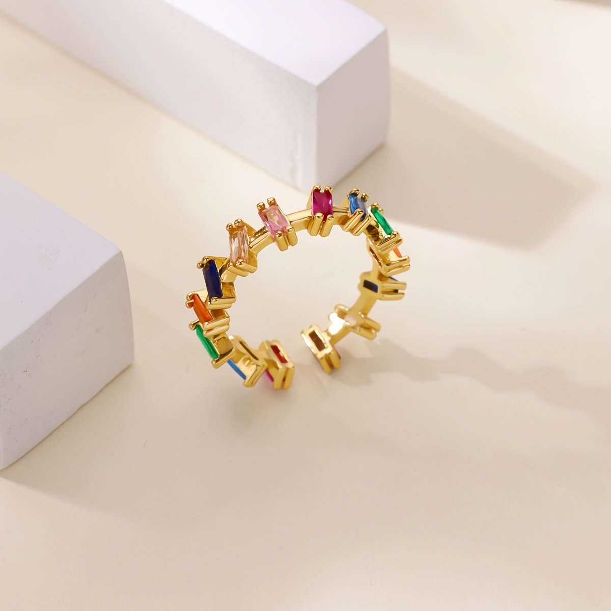Open Ring with Inlaid Colored Synthetic Zirconia, Bohemian Style
